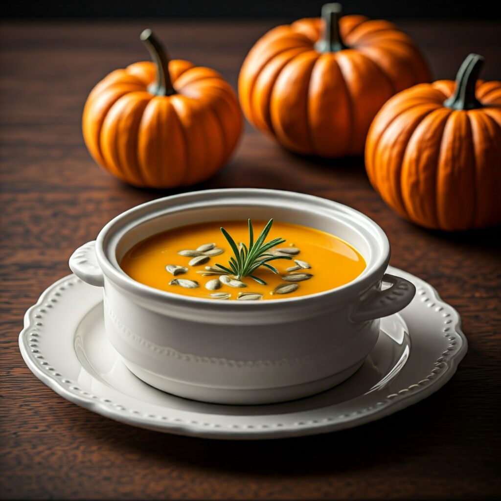 A white ceramic bowl filled with a creamy pumpkin soup, garnished with a sprig of rosemary. Several whole pumpkins are arranged around the bowl on a rustic wooden table.