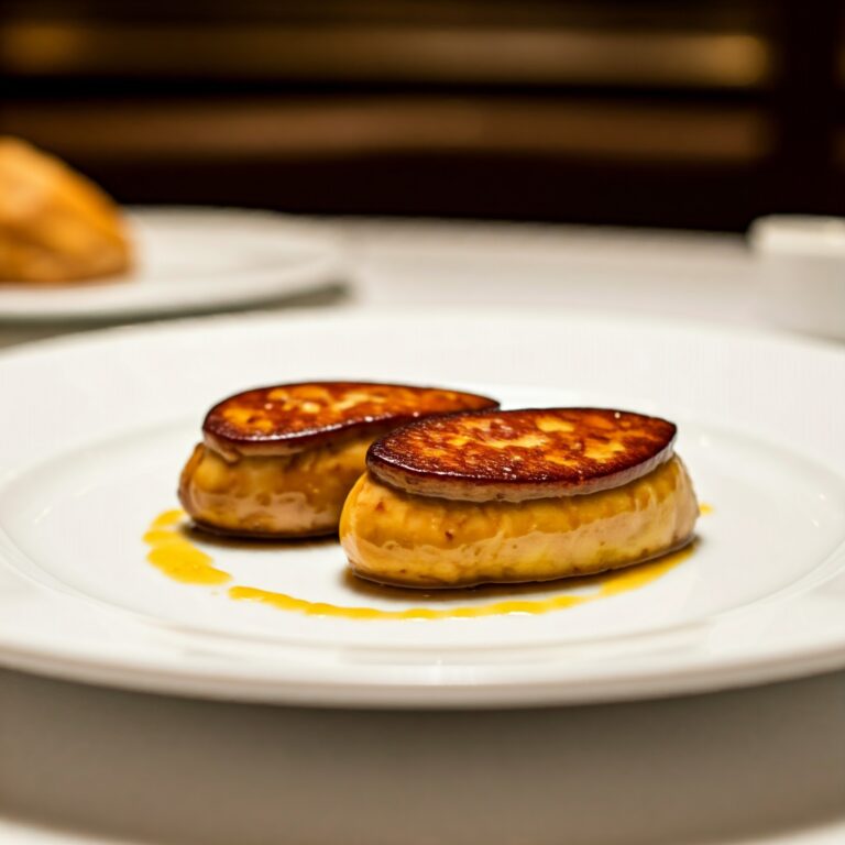 Deux chaussons au foie gras dorés et croustillants, servis sur une assiette blanche dans un restaurant étoilé. La lumière naturelle met en valeur la texture riche et appétissante du foie gras et du confit d'oignon.