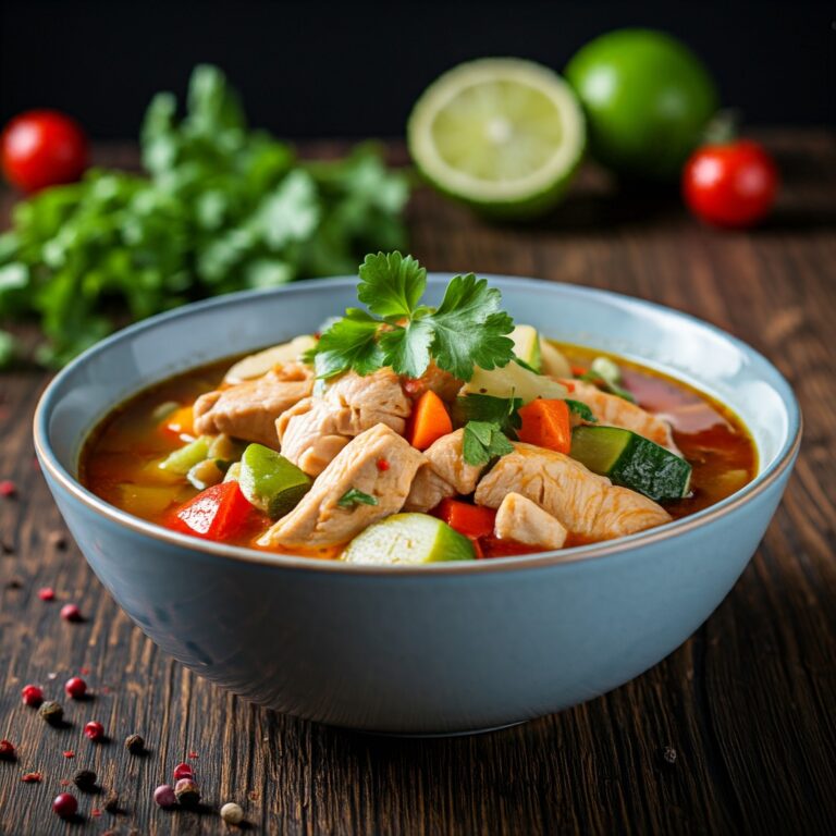 A close-up photo of a steaming bowl of chicken soup, filled with tender pieces of chicken, vibrant vegetables, and aromatic herbs. The soup is served in a rustic white bowl and surrounded by fresh ingredients, including carrots, celery, and onions.