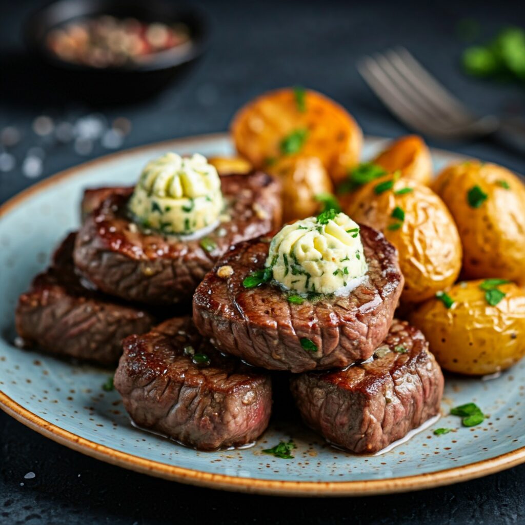 "Savory garlic butter steak bites served with crispy roasted potatoes."
