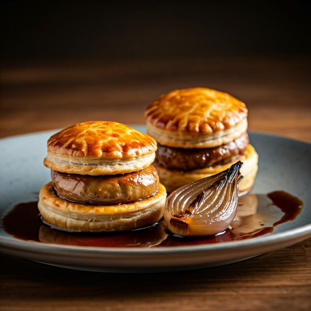 "Deux chaussons au foie gras et confit d'oignon, présentés sur une assiette blanche dans un restaurant gastronomique."
