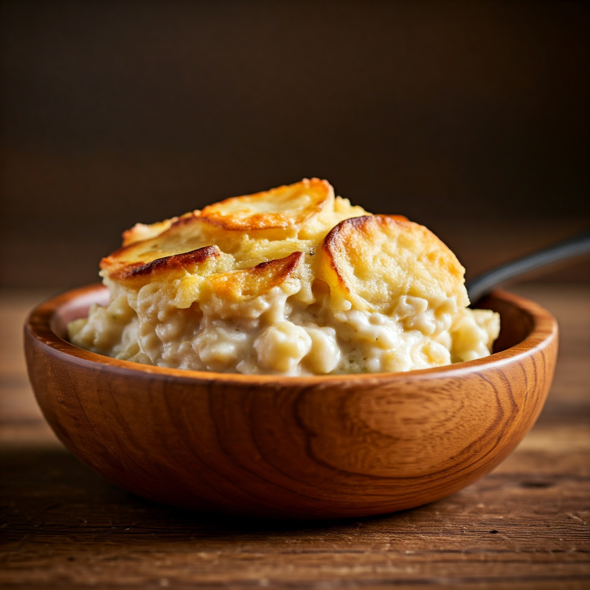 A freshly baked Idaho potato casserole in a rustic ceramic dish, featuring golden, crispy layers of sliced potatoes in a creamy sauce, topped with melted cheddar cheese and crispy fried onions. The casserole is set on a farmhouse-style wooden table, surrounded by fresh Idaho potatoes, a block of cheese, and fresh herbs, creating a warm and comforting scene.