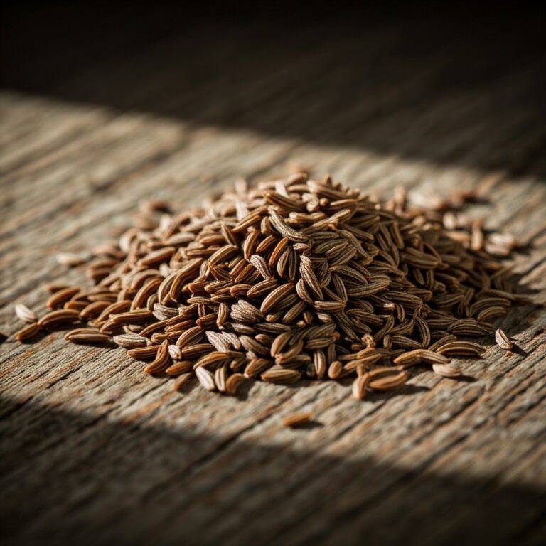 A close-up photo of caraway seeds scattered on a rustic wooden surface, bathed in warm sunlight. Focus Keyword: caraway seeds