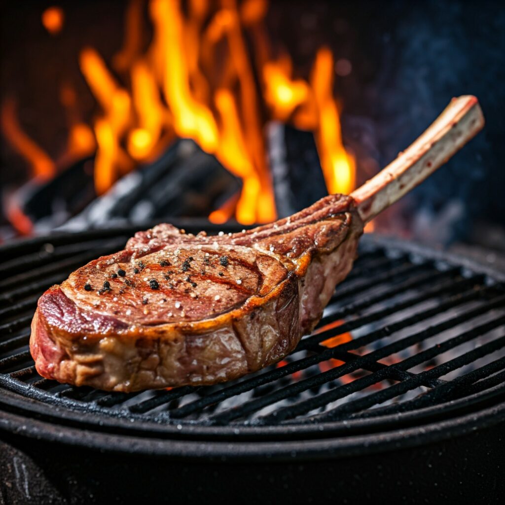 A perfectly grilled tomahawk steak, showcasing a deep brown crust with grill marks, garnished with fresh herbs and garlic cloves. The steak is resting on a wooden cutting board, surrounded by sides like grilled vegetables and baked potatoes, with a rich, juicy interior visible in a cross-section. The scene is set outdoors with a warm, inviting ambiance.


