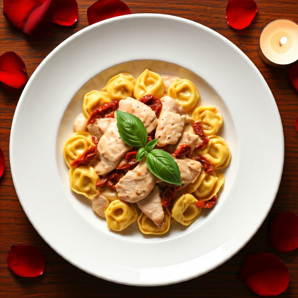 "Steaming plate of marry me chicken tortellini with engagement ring"
