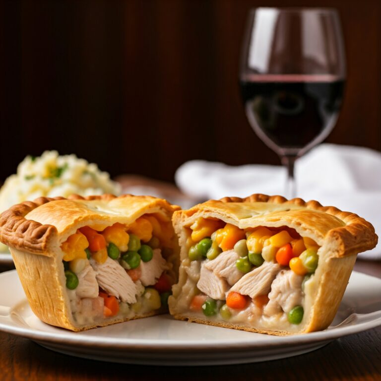 A cross-section of a Pillsbury chicken pot pie, revealing the savory filling with tender chicken, creamy gravy, and vibrant vegetables.