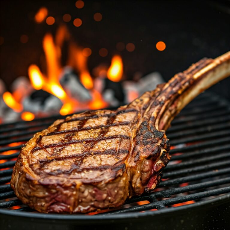 A perfectly grilled tomahawk steak, showcasing a deep brown crust with grill marks, garnished with fresh herbs and garlic cloves. The steak is resting on a wooden cutting board, surrounded by sides like grilled vegetables and baked potatoes, with a rich, juicy interior visible in a cross-section. The scene is set outdoors with a warm, inviting ambiance.