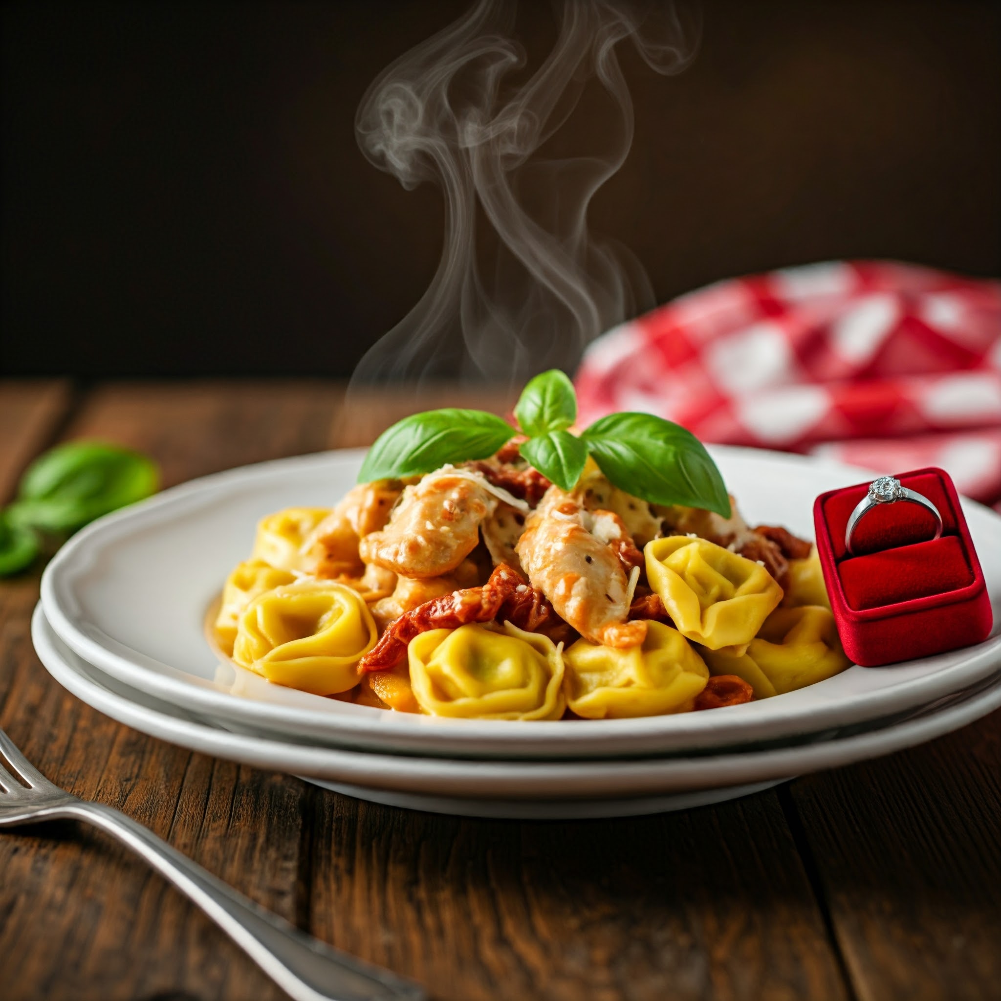 "Steaming plate of marry me chicken tortellini with engagement ring"