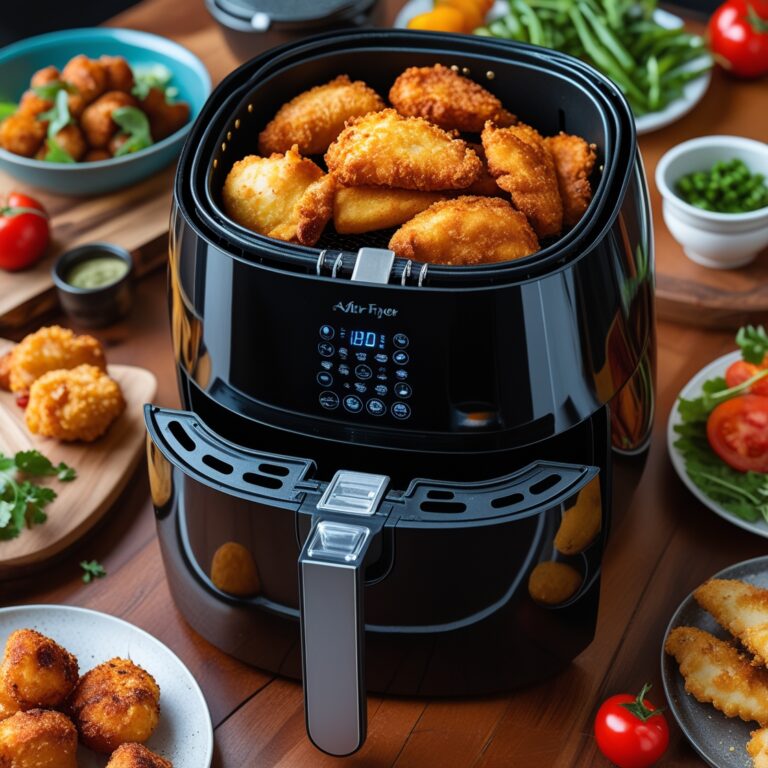 "A modern air fryer on a kitchen counter, ready to cook healthy, crispy meals."