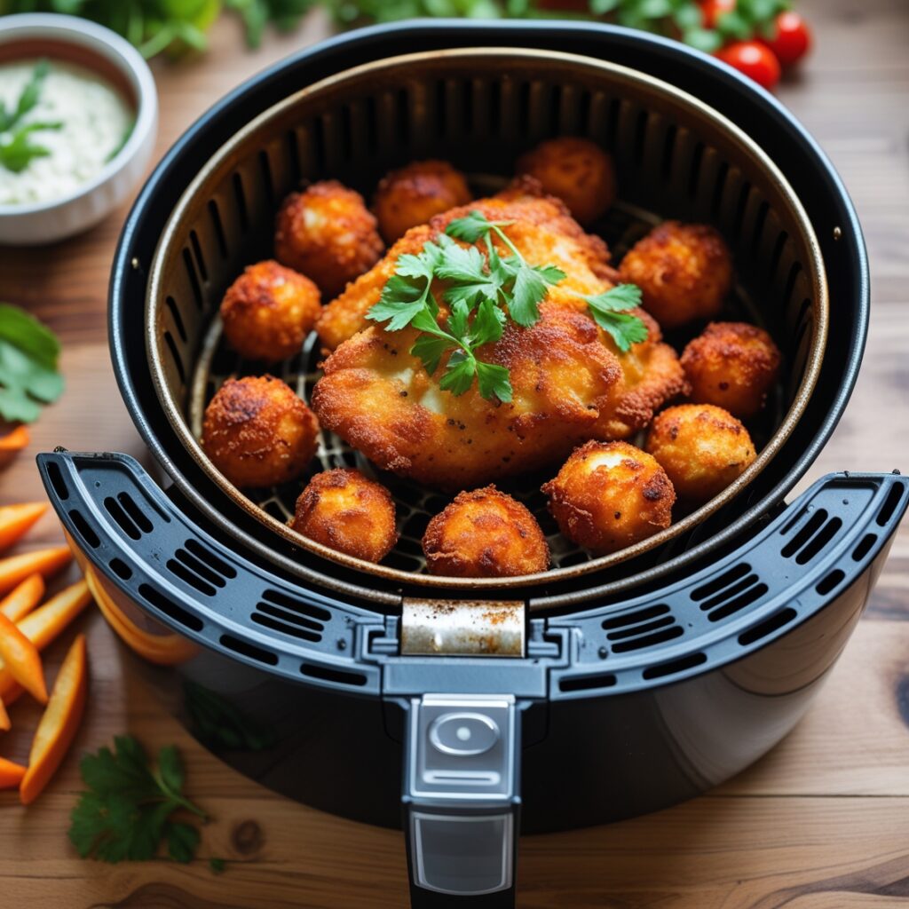 "A modern air fryer on a kitchen counter, ready to cook healthy, crispy meals."
